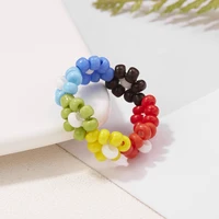 cute resin acrylic rings for women transparent colorful flower handmade elastic rice beaded ring girl boho fashion jewelry gift