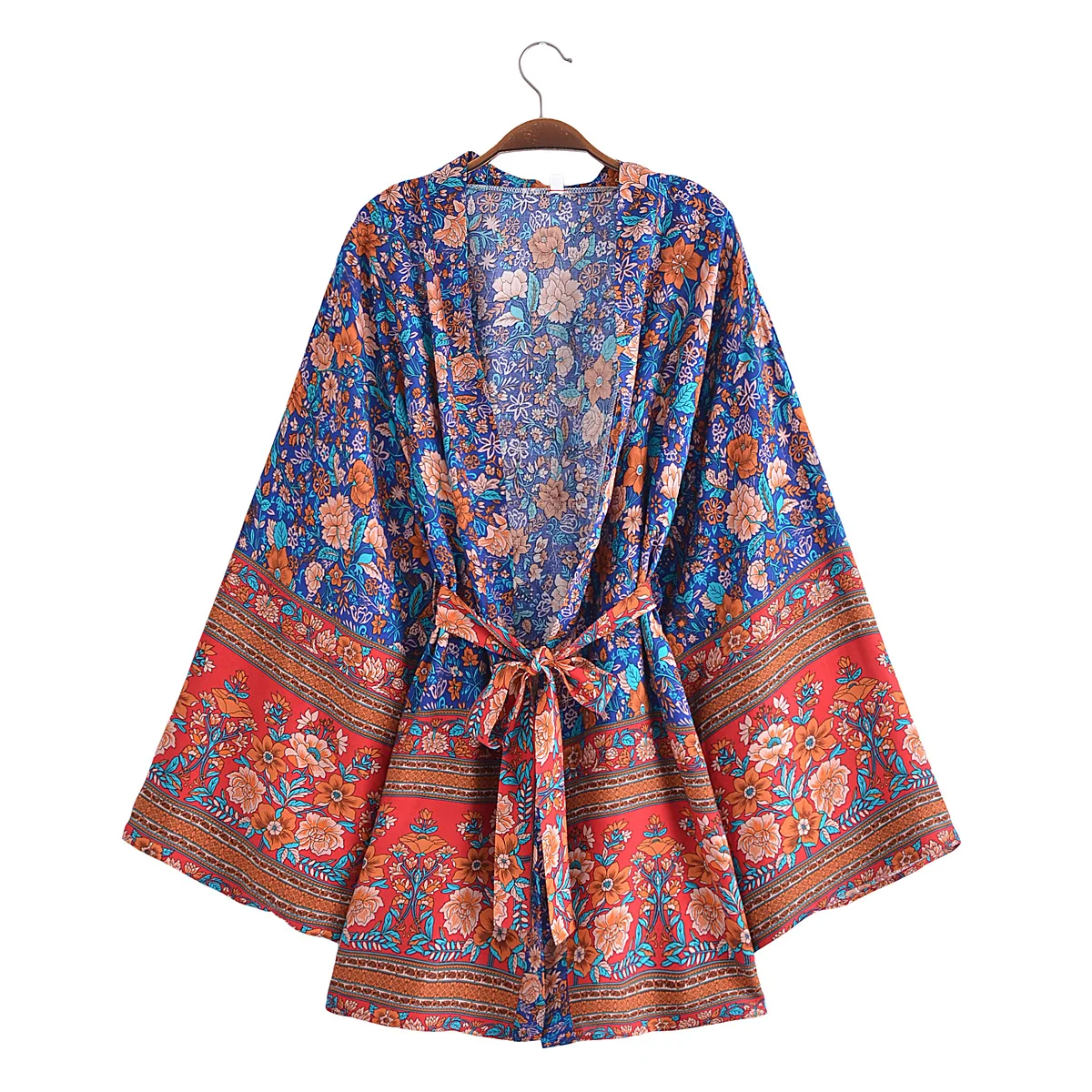 

Vintage Floral Print Sashes Rayon Cotton Bohemian Kimono for Women Batwing Sleeves Happie Short Robe Boho Bikini Cover-up