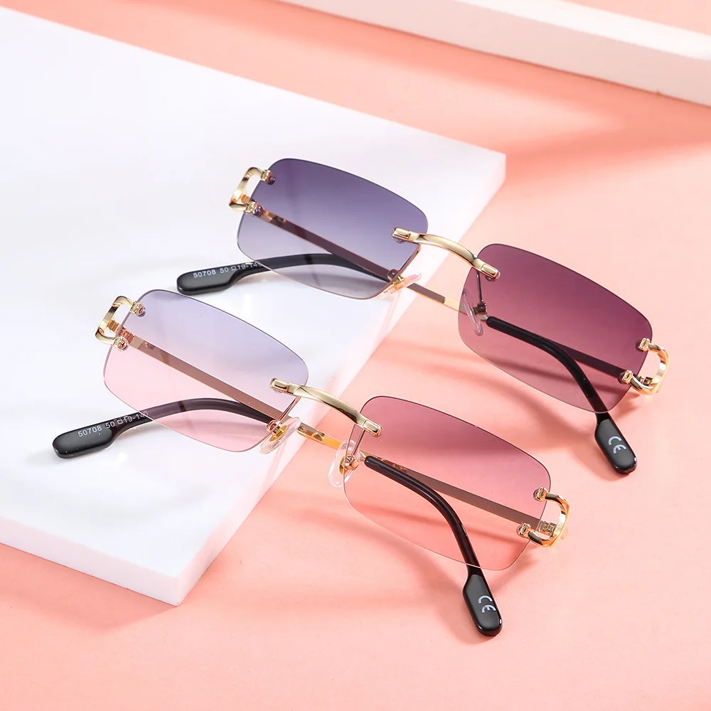 

Модные синие розовые золотые металлические подарки на день рождения WANBOPO Ретро прямоугольные солнцезащитные очки без оправы мужские женские UV400 маленькие солнцезащитные очки