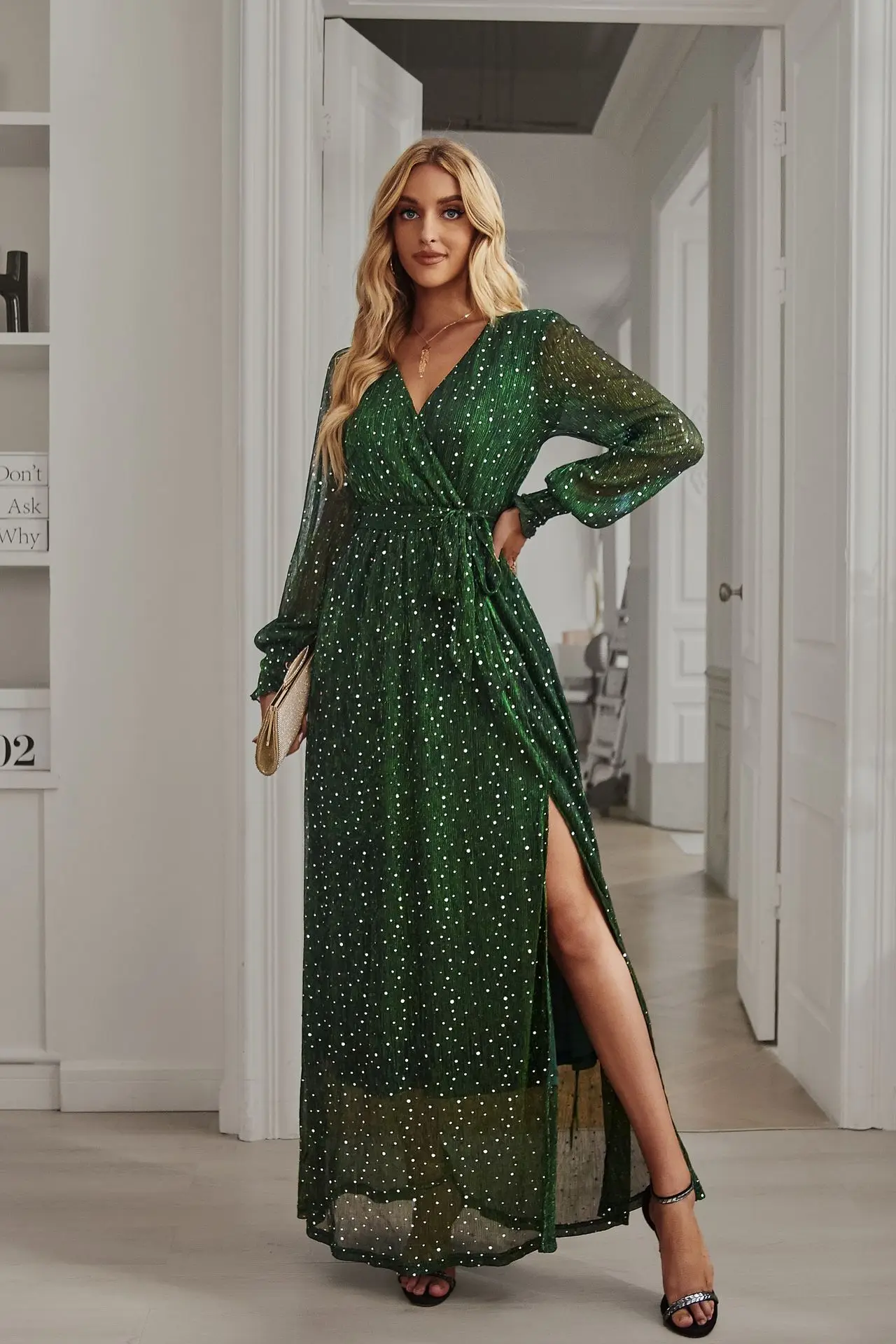 Women's Formal Dress 2023 New in Sequins Sexy V-neck Split Long Sleeve with Belt Gown Female Elegant Evening Party Long Dress
