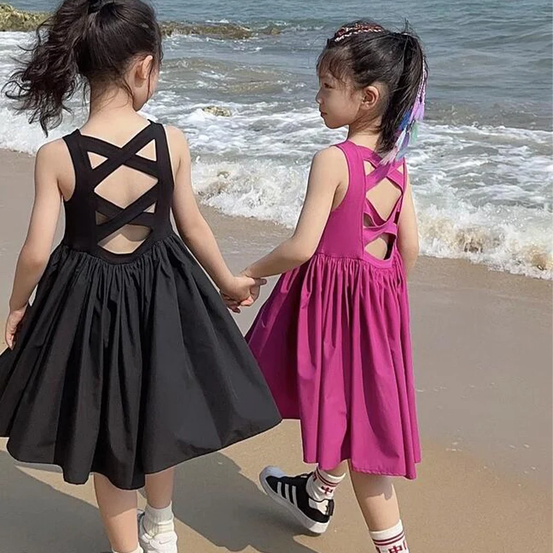 

Black Sundress For Toddler Girls Summer Birthyda Party Sleeveless Vest Baby Clothes Backless Daily Dress A-Line Beach Party