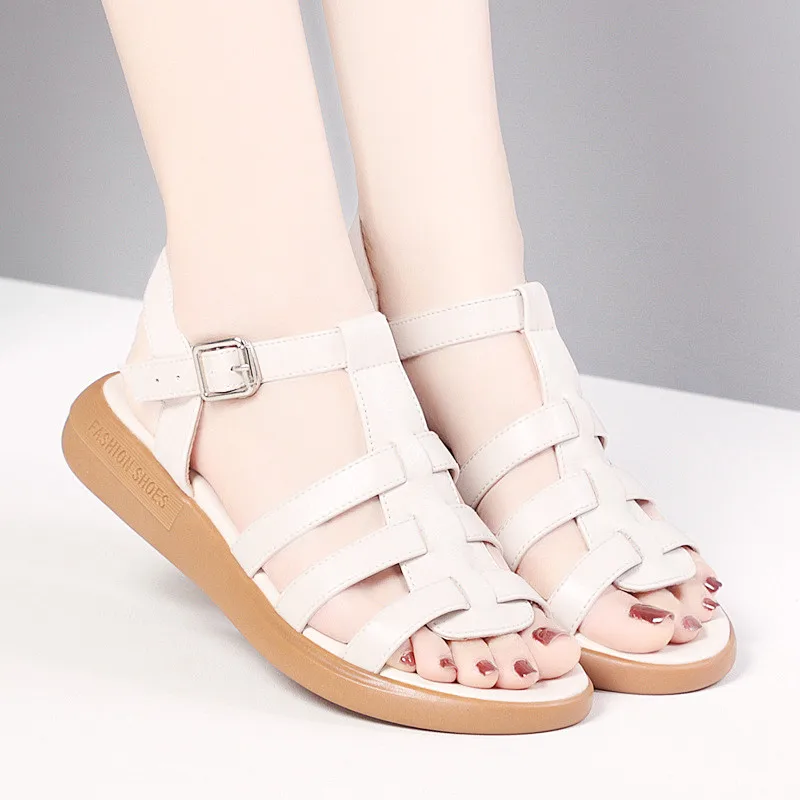 Women's Sandals Genuine Leather 2023 New Flat Roman Sandals Women's Versatile Large Size 41, 42 Sandals Designer Sandals  Shoes