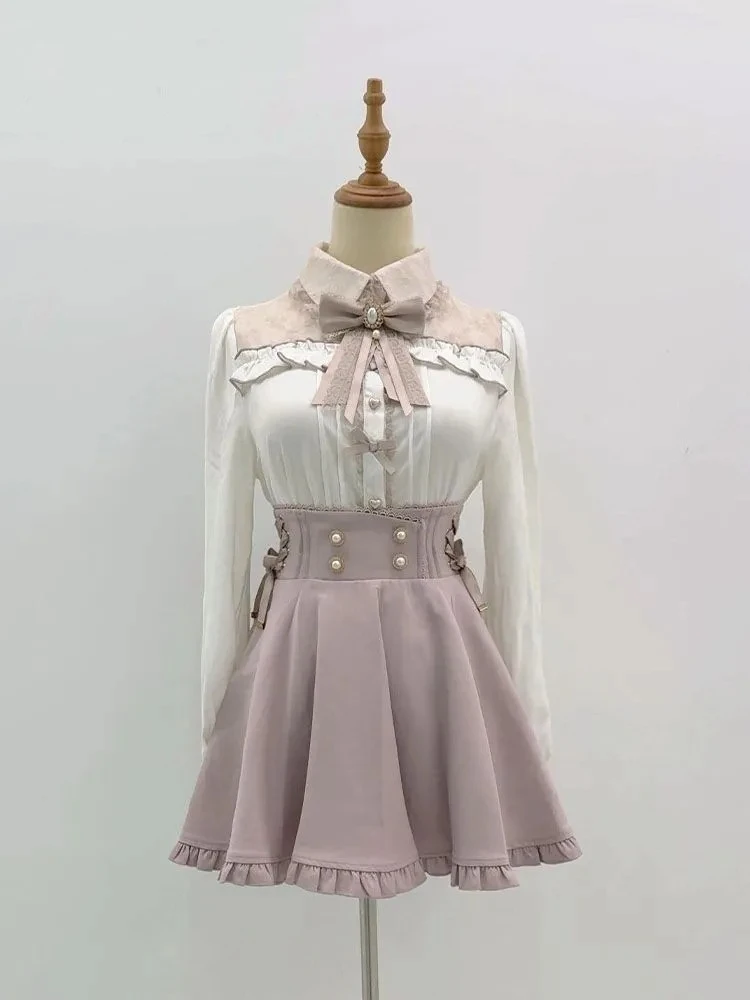 Фото Японский комплект в стиле Sweet Chic Lolita из 2 предметов: женская блузка с кружевом и большим бантом + юбка А-силуэта в клетку с высокой талией, винтажный кавайный модный наряд №4