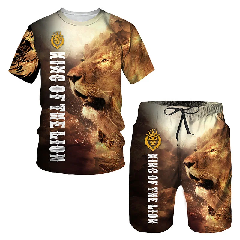 

Lion ferocious printed T-shirt, two-piece suit, popular in Europe, Brazil, hip-hop short sleeved shirt, round neck top, beach