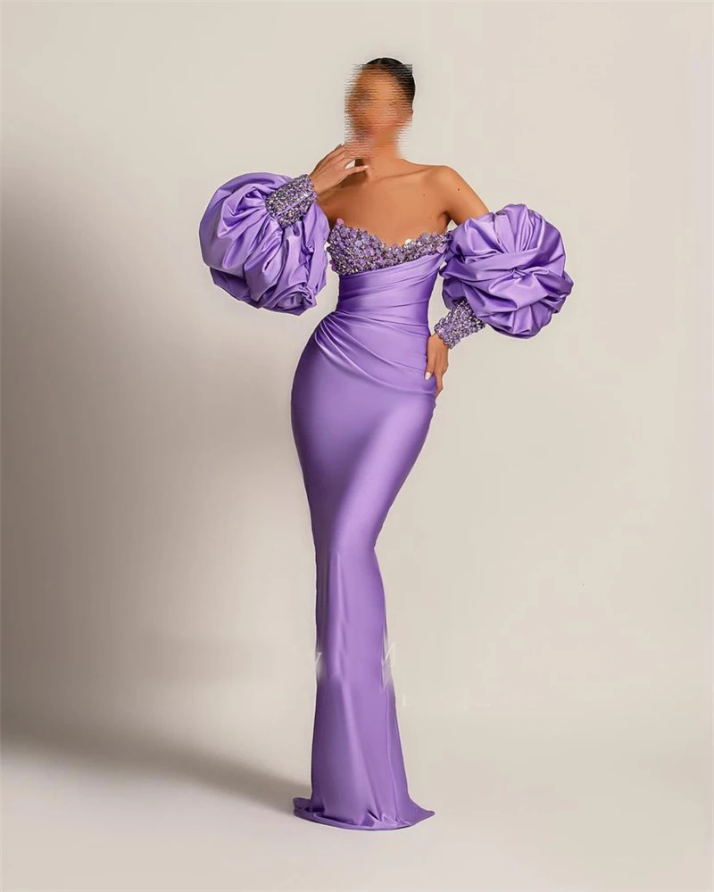 

Sweetheart Mermaid Detachable Lantern Sleeve Lace Beads with Crystal Sequins Satin Party Dresses Women Evening Dresses