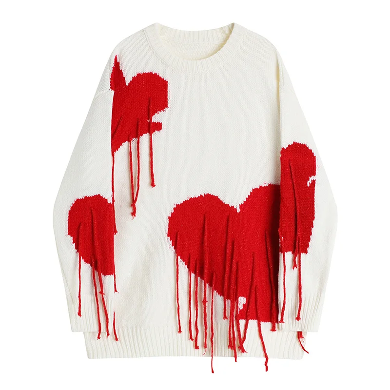 

2023 Women Autumn Sweaters Fashion Knitted Streetwear Heart Tassel Pullover Retro Sweater Harajuku Oversize Knitwear Tops Feamle