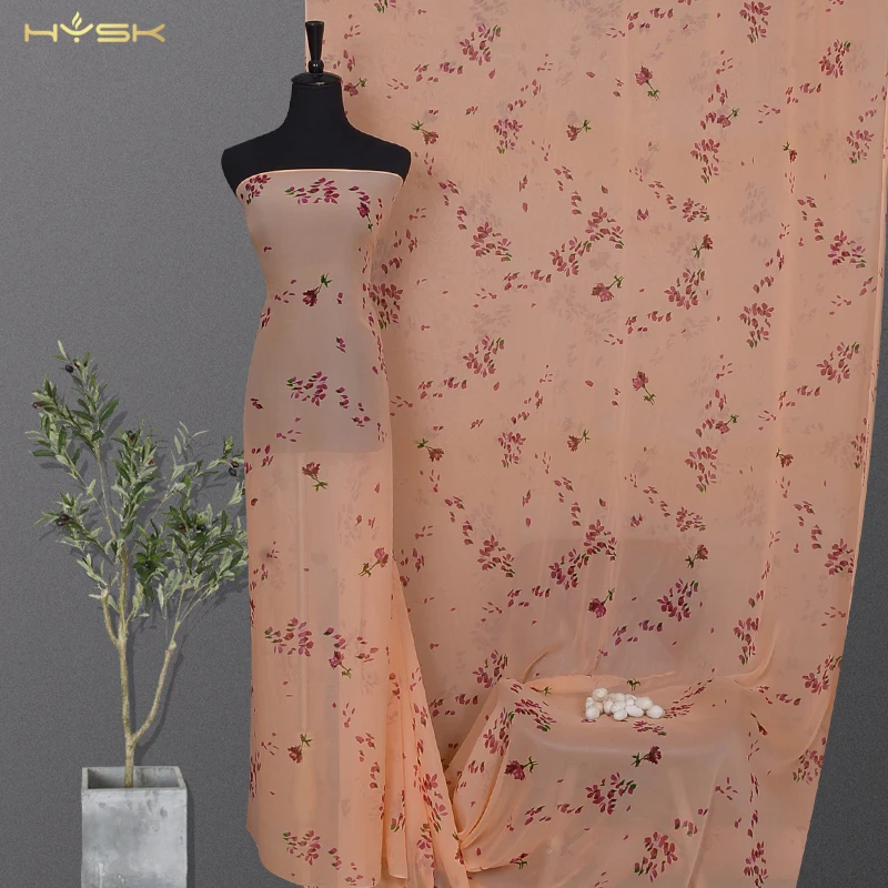 

HYSK 100 natural silk georgette fabric large abstract pattern geometric hand gauze printed pure silk for dress Cheongsam Q3970