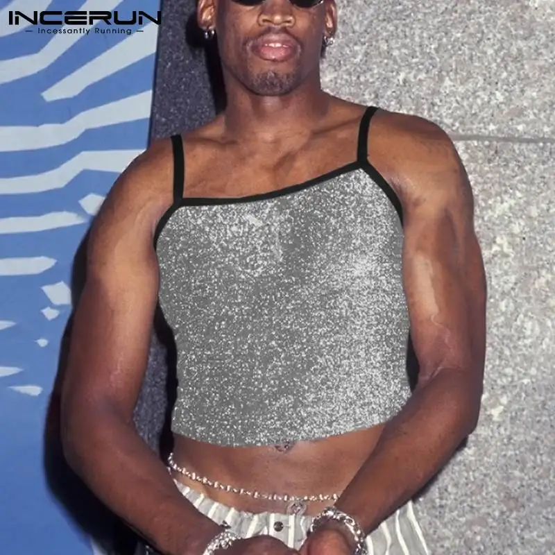 

2023 Men Tank Tops Patchwork Summer Sleeveless Sexy Skinny Suspender Vests Personality Shiny Streetwear Men Crop Tops INCERUN