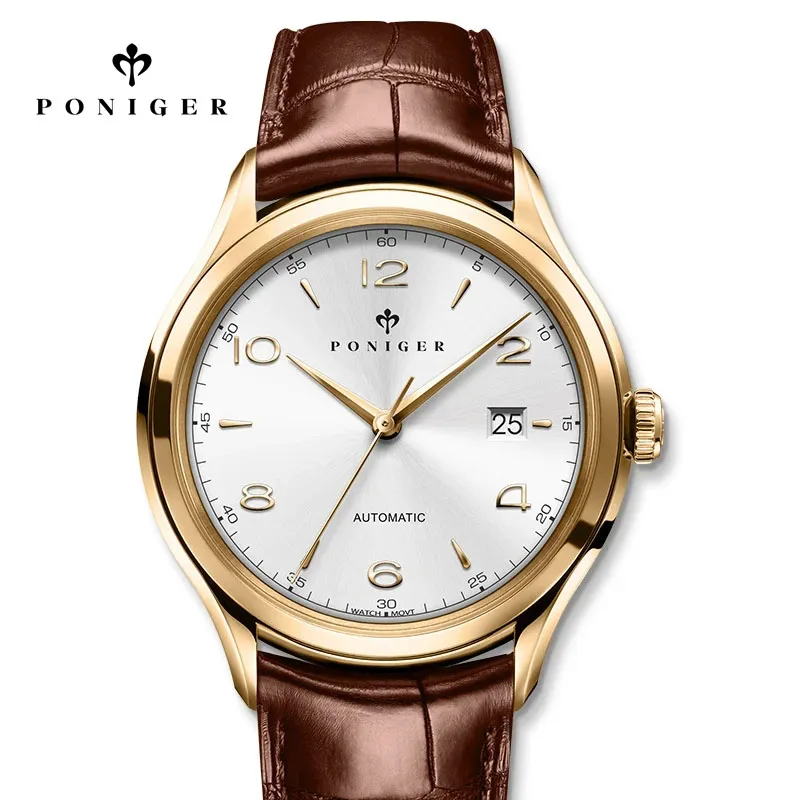 PONIGER Классические мужские механические часы из нержавеющей стали с кожаным