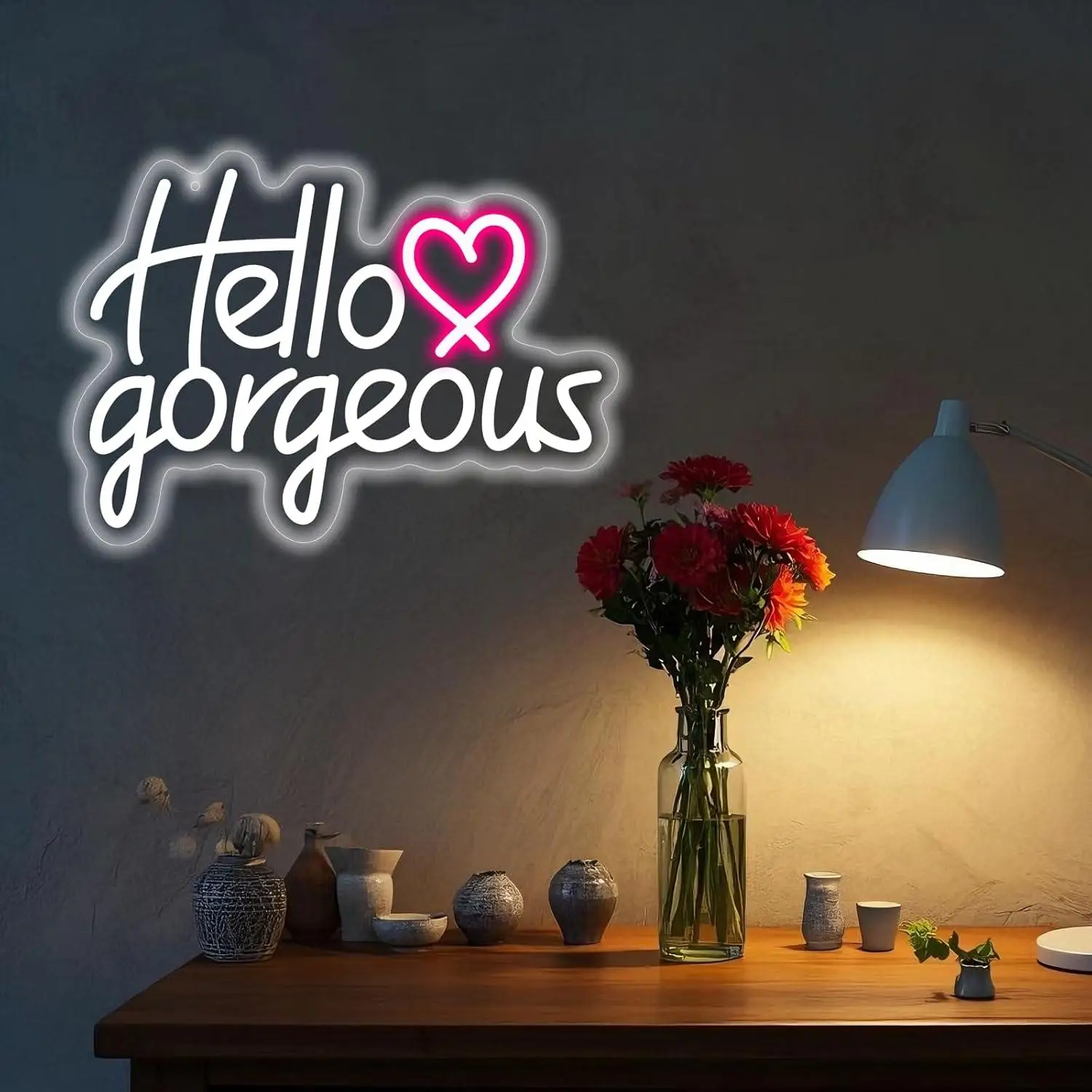 Фото Неоновая вывеска «Hello Gorgeous» с USB-подсветкой для декора стен, спальни, бара, свадьбы, помолвки, юбилея, вечеринки, художественного оформления, подарков №3
