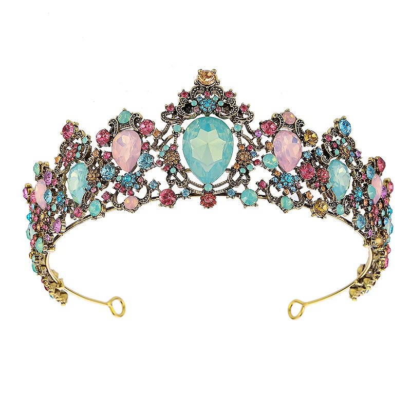 Ful Crystal Opal Baroque Vintage Crown Headband Rhinestone Wedding Queen Tiara For Women Bridal Hair Accessories