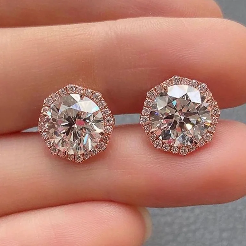 

Copper Inlaid Zircon Stud Earrings Vintage Rose Gold Shiny High Quality Exquisite Ear Piercing Anti-blocking