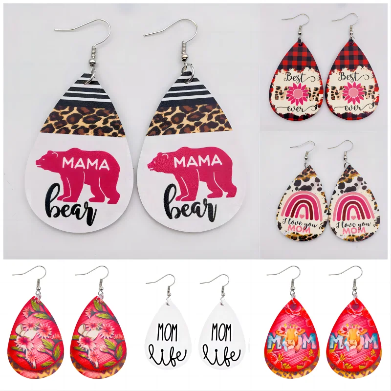 

Fashion Earrings for Mother Day Personalized MaMa Alphabet Rainbow Mother Bear Leopard Print Leather Earrings Party Trend Gift