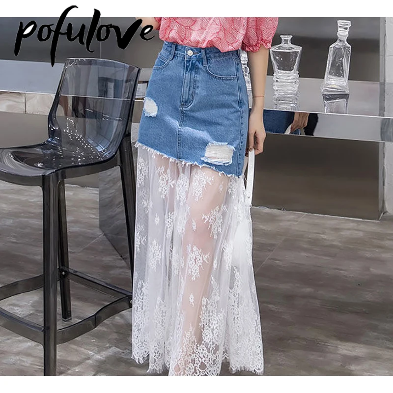 Jean Lace Skirt Woman Y2k Gothic Skirts Harajuku Sexy Pencil Mesh Faldas Denim Ripped Spring Summer |