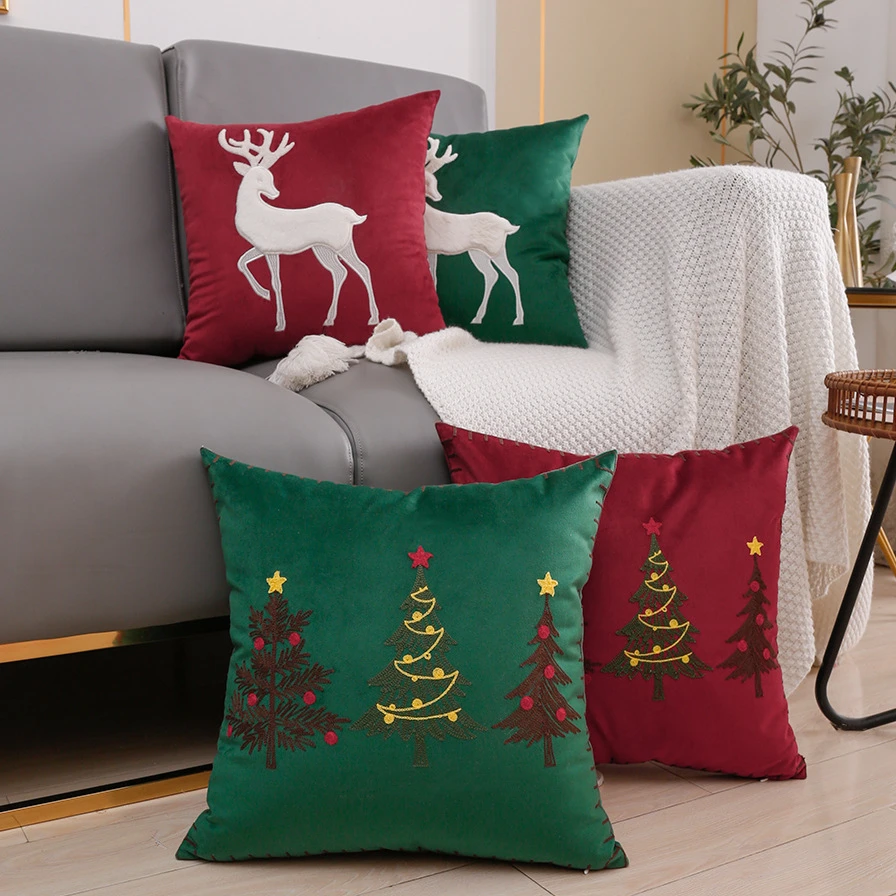 

Embroidered Christmas Cushion Cover Velvet Green Red Pillow Cover 45x45cm Chrismas Decor Pillowcase Emrboidery Cushion Covers