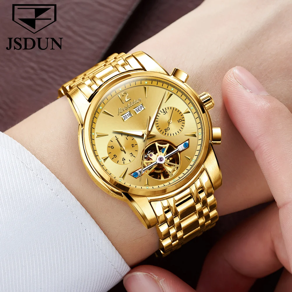 

JSDUN Automatic Mechanical Watch For Men Gold Hollow Smart Clock Stainless Steel Waterproof Luxury Brand Wristwatch Montre Homme