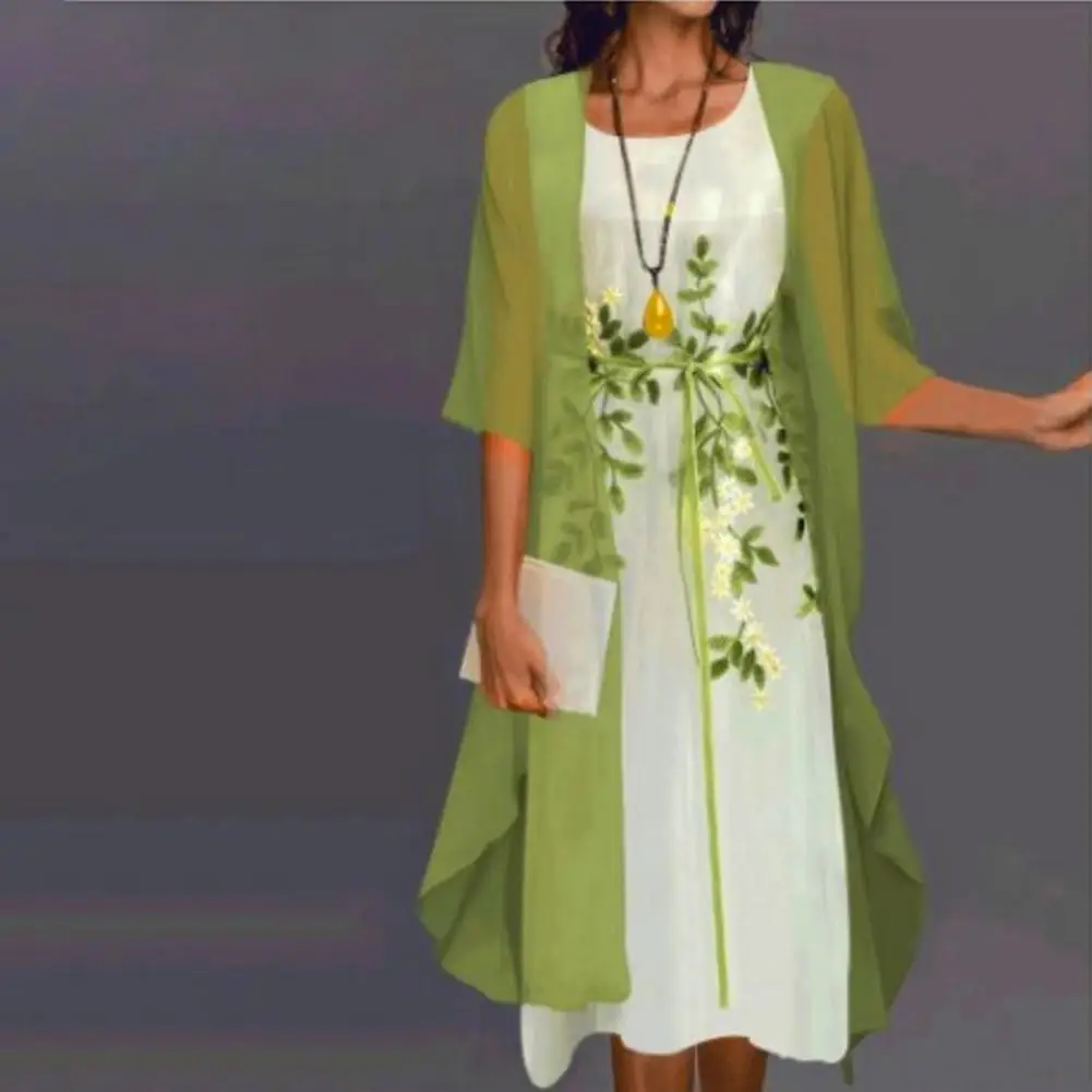 

Autumn Women Cardigan Dress 1 Set Spring Office Lady Cardigan Dress Floral Print Large Hem Elegant Chiffon Dress Set for Party