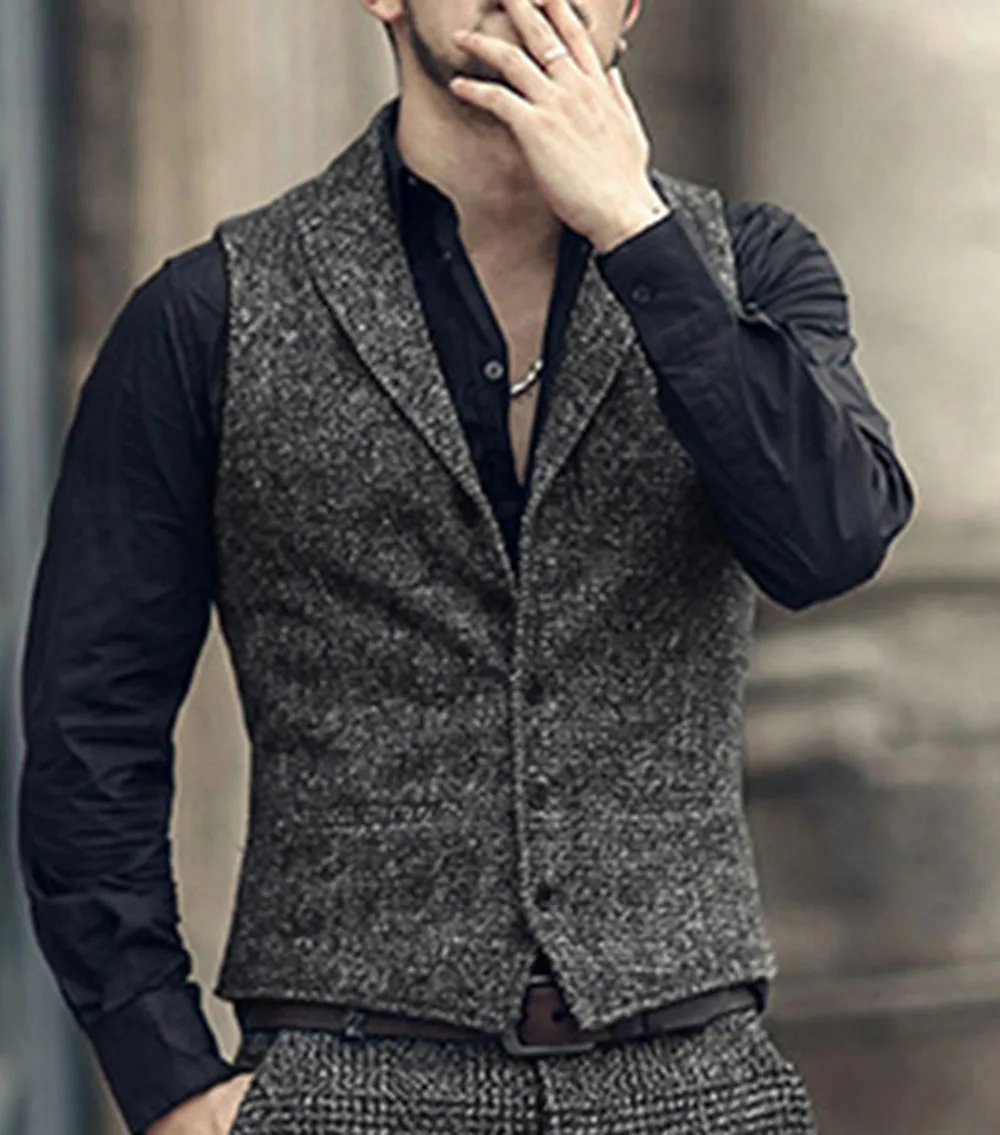 

Mens Classic Suit Vest Herringbone Pattern Business Waistcoat Notch Lapel Wool Tweed Groomsmen Waistcoat For Wedding