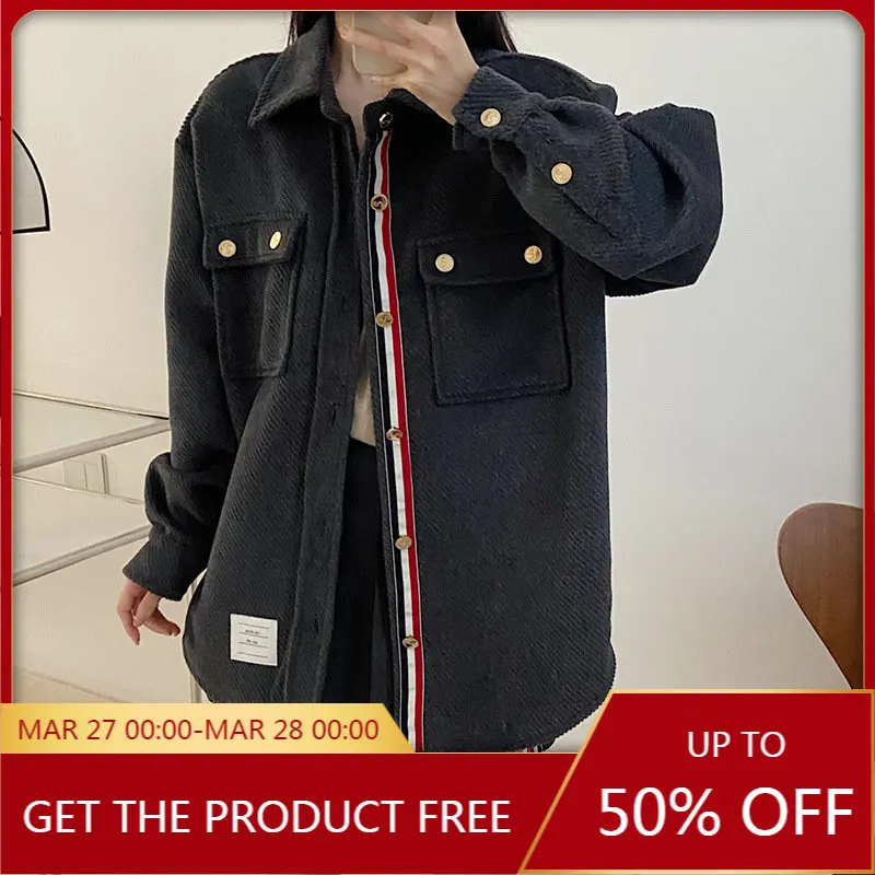 

TB Short Lapel Woolen Jacket Women's Spring Autumn Trend Gold Button Trench Coat Couples Shirt Style Woolen Jacket Winter