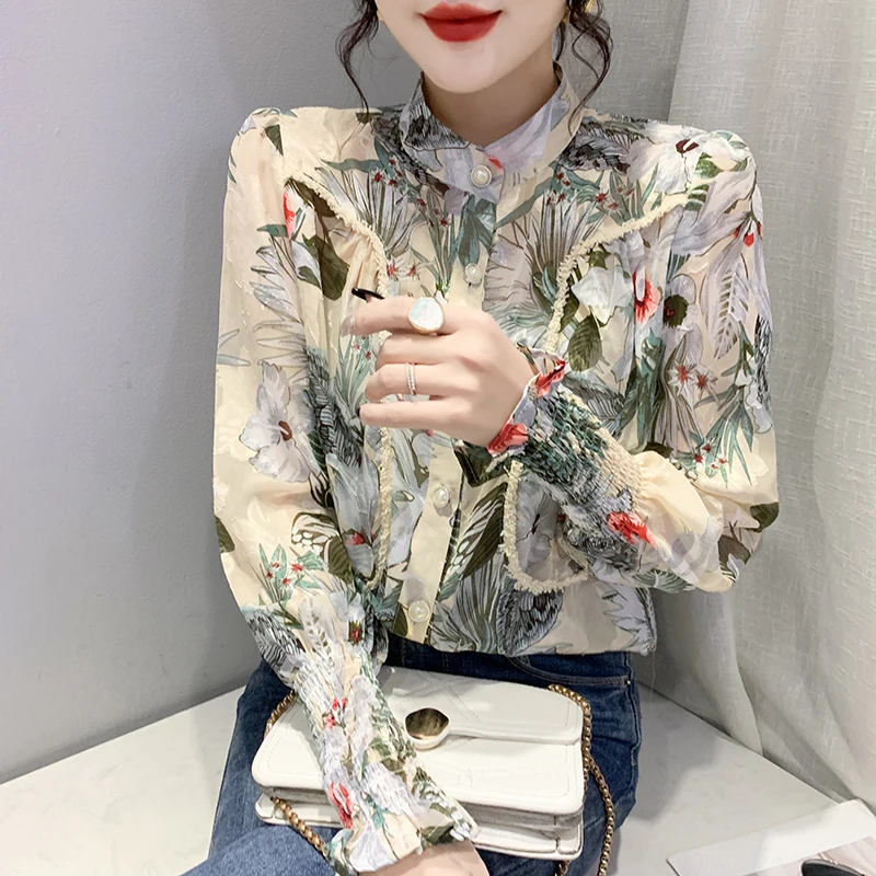 

Summer Women's Blouse Long Sleeve Top Korean Fashion Chiffon Casual Patchwork Lace Printing Straight O-neck Shirt Houthion