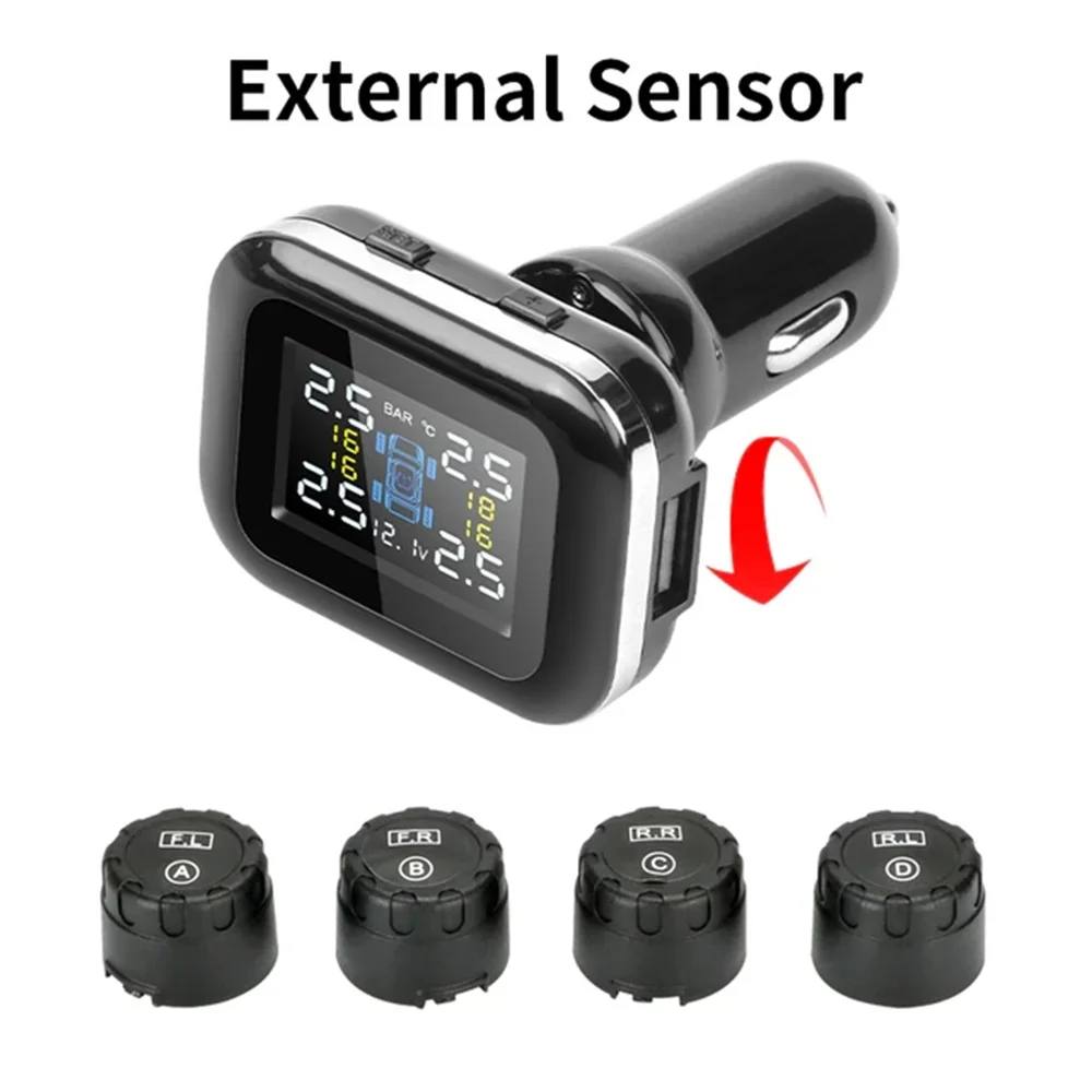 

TPMS Car Security Alarm System Tire Pressure Alarm Monitor System 4 Auto Tyre Pressure Sensors Cigarette Lighter