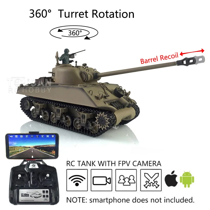 

HENG LONG 1/16 Customized 7.0 M4A3 Sherman RC Remote Tank 3898 360° FPV Barrel Recoil Toucan Toys for Boys Gifts TH19793-SMT8