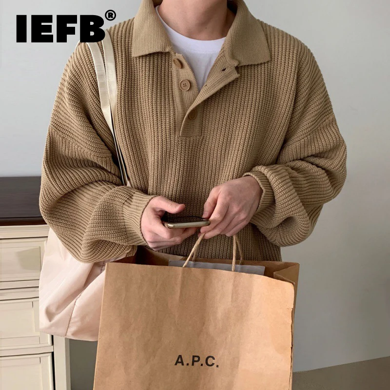 

Универсальный Мужской свитер IEFB с отворотом и длинным рукавом, новинка, корейская мода, Свободный Вязаный топ, однотонные пуловеры, осень 2023, 9C2385