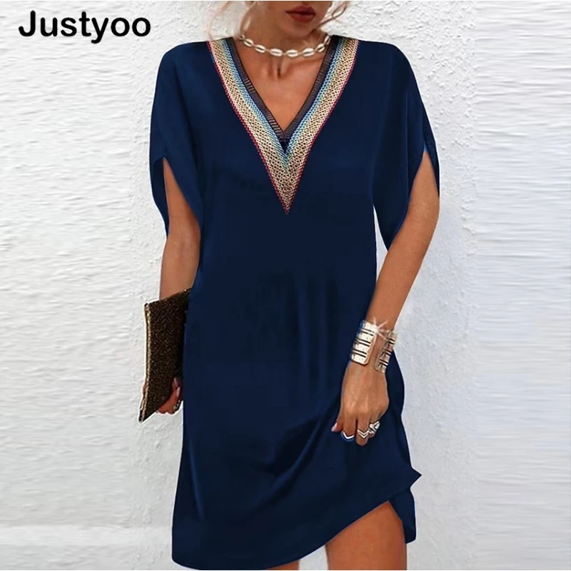 

New Solid Color V Neck Temperament Black Dress Women's Summer Fashion Casual Loose Elegant Pullover Short Sleeve Party Dresses