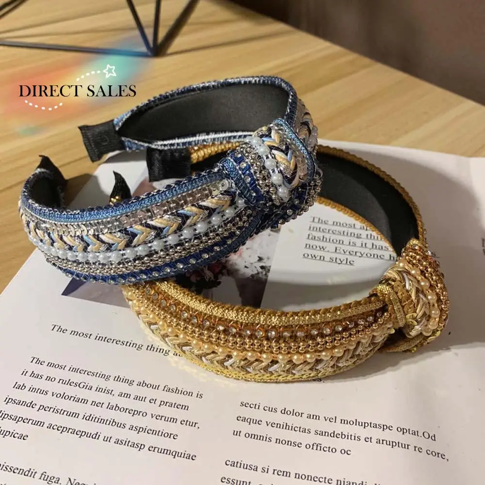 Ретро корейский широкий дикий тканевый обруч для волос с кристаллами женский
