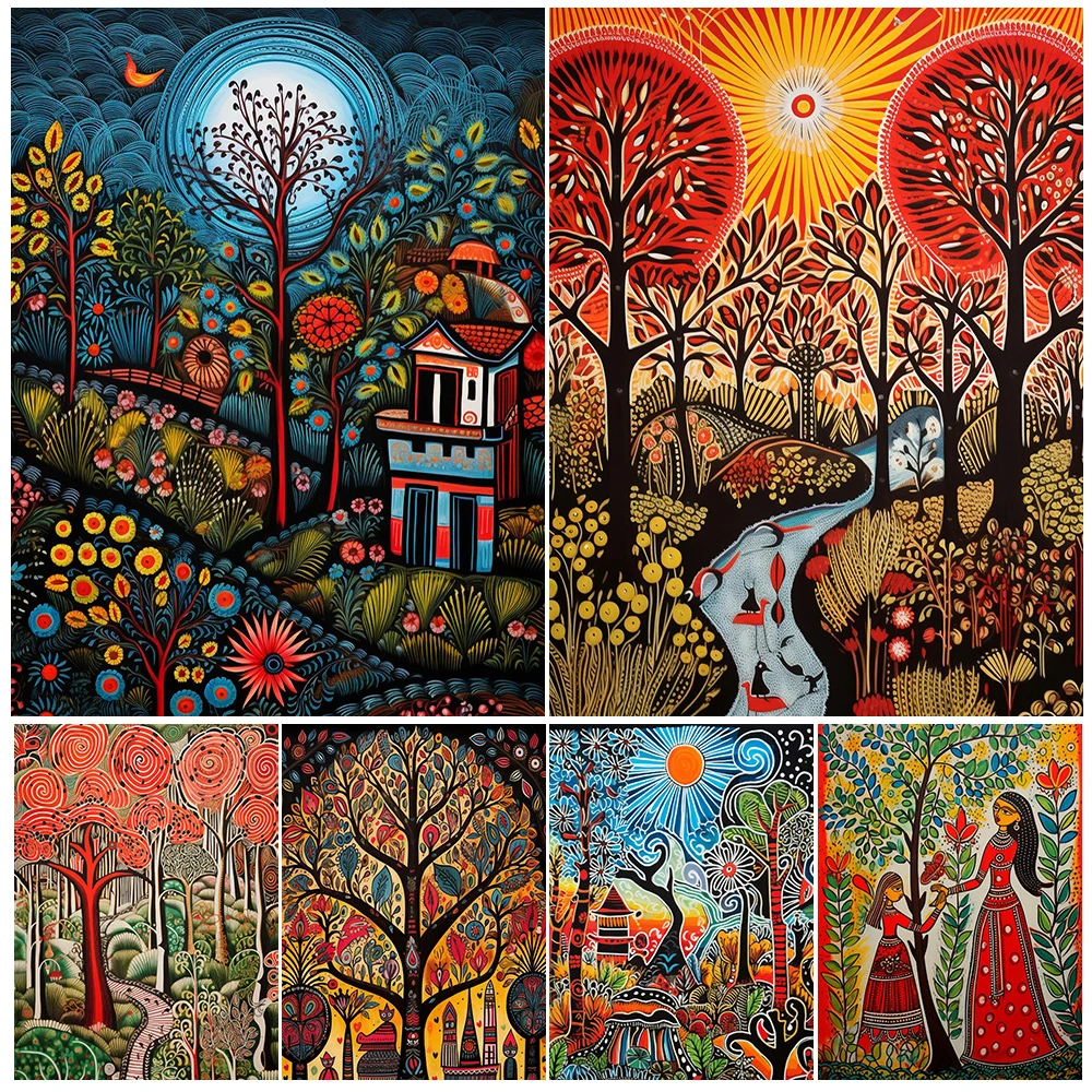 

Cartoon Scenery Tree Forest Creek Poster Sun Wall Art Canvas Painting Posters Home Decor Wall Pictures For Living Room Unframed