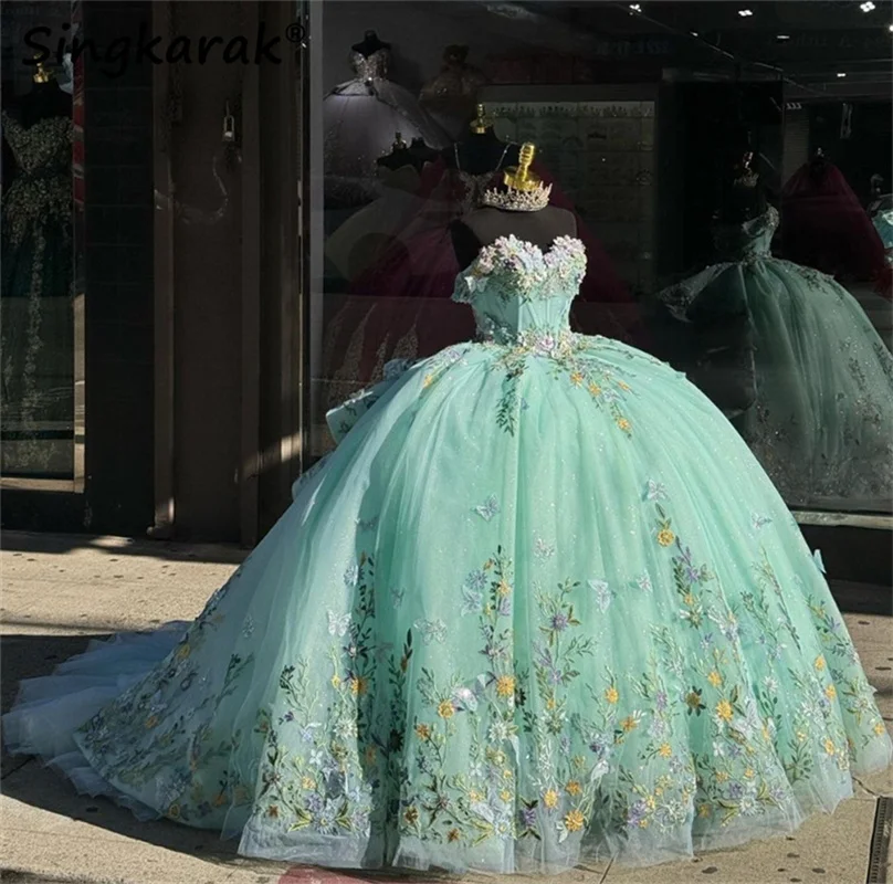 

Зеленое платье с цветочным 3D рисунком, платье для Quinceanera, платья с аппликацией в стиле XV, платья в стиле 16вечерние, платья с бусинами и аппликацией для мексиканской вечеринки на день рождения