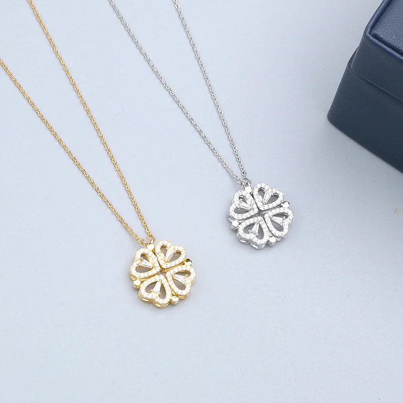 

Vintage Lucky Four Leaf Clover Necklace For Women Stainless Steel Gold Chain Magnet Love Heart Pendant Choker Jewelry One Piece