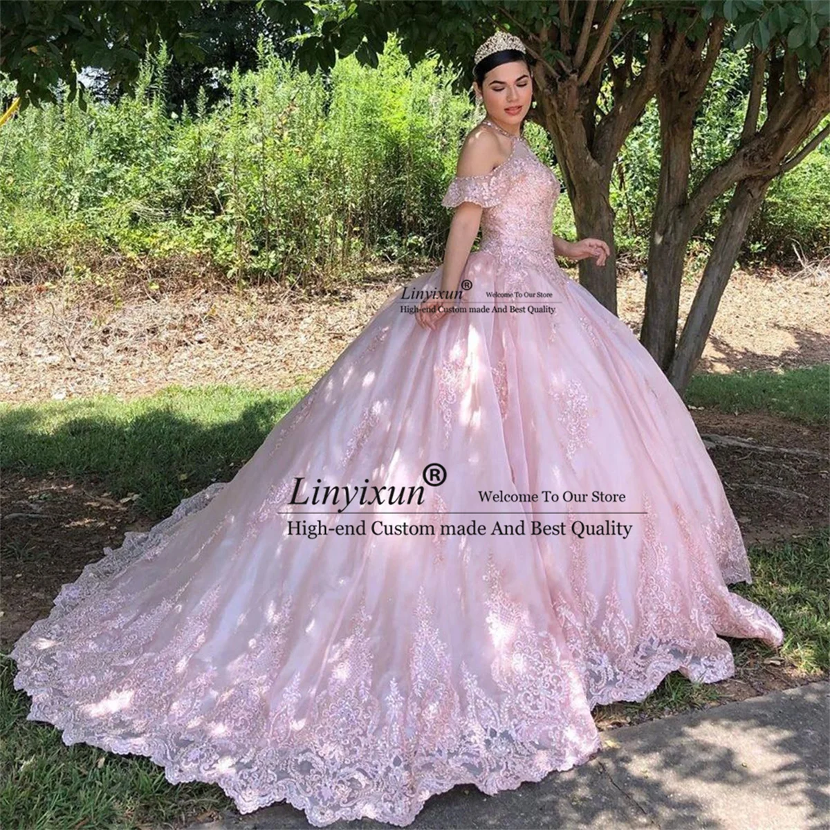 

Великолепное Розовое Бальное Платье, Платье Quinceanera, с открытыми плечами, кружевные бусины, платья для 16 лет, со шлейфом, милые платья 15 16