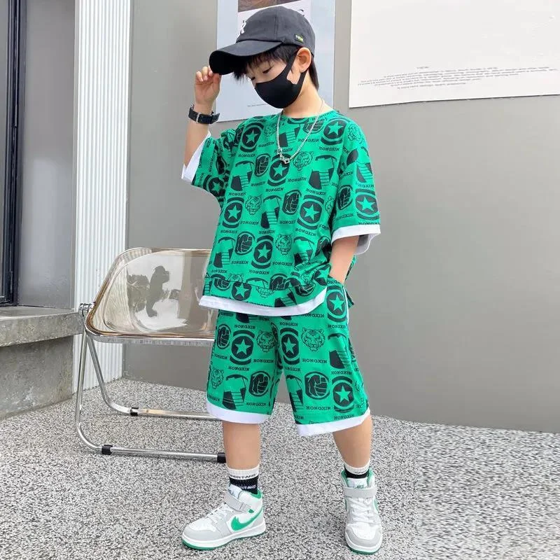 

2022 teenage Boy Set kid Suit Cotton Summer Outing Clothes Top Shorts 2PCS Children's 8 10 12 14 years Ropa Conjuntos Para Niños