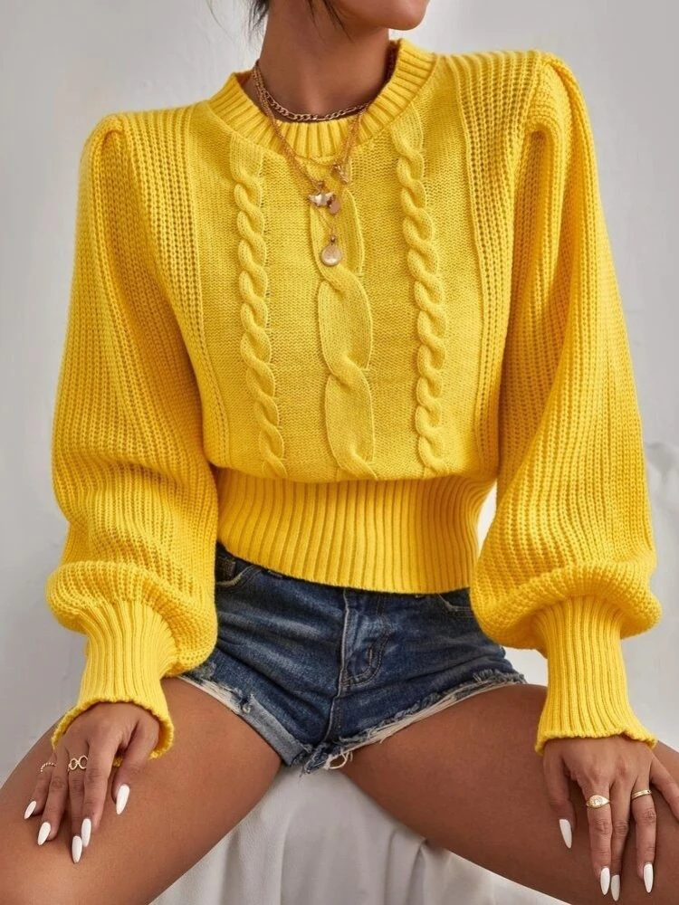 

Зимние вязаные свитера женская одежда 2023 осенние толстые теплые укороченные пуловеры с круглым вырезом и рукавами-фонариками женский свитер из ниток