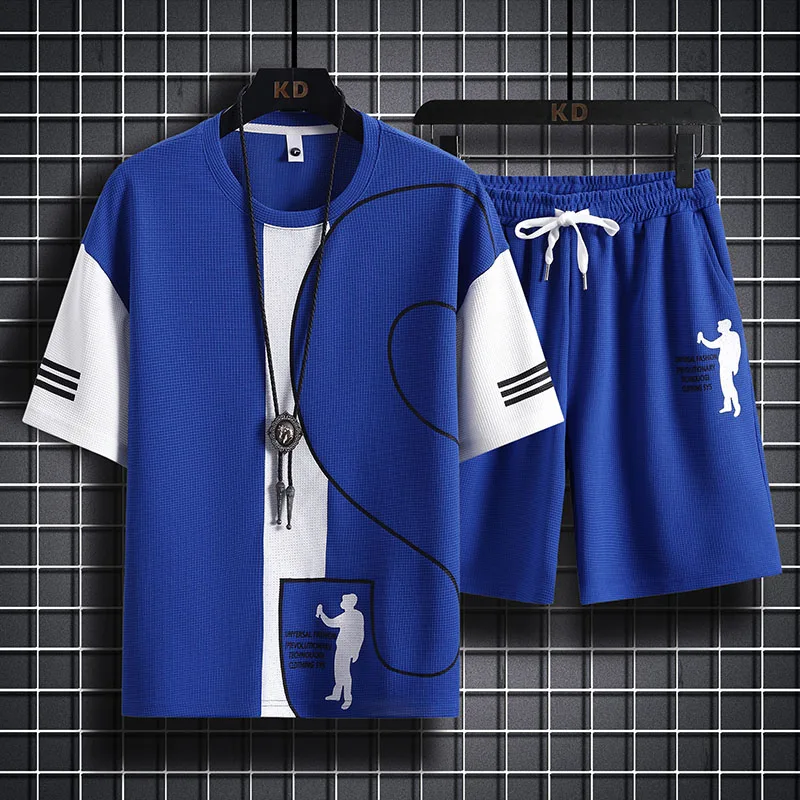 Summer Corn Waffle Suit Loose Sports Two-Piece Short Sleeve Shorts Men's Suit