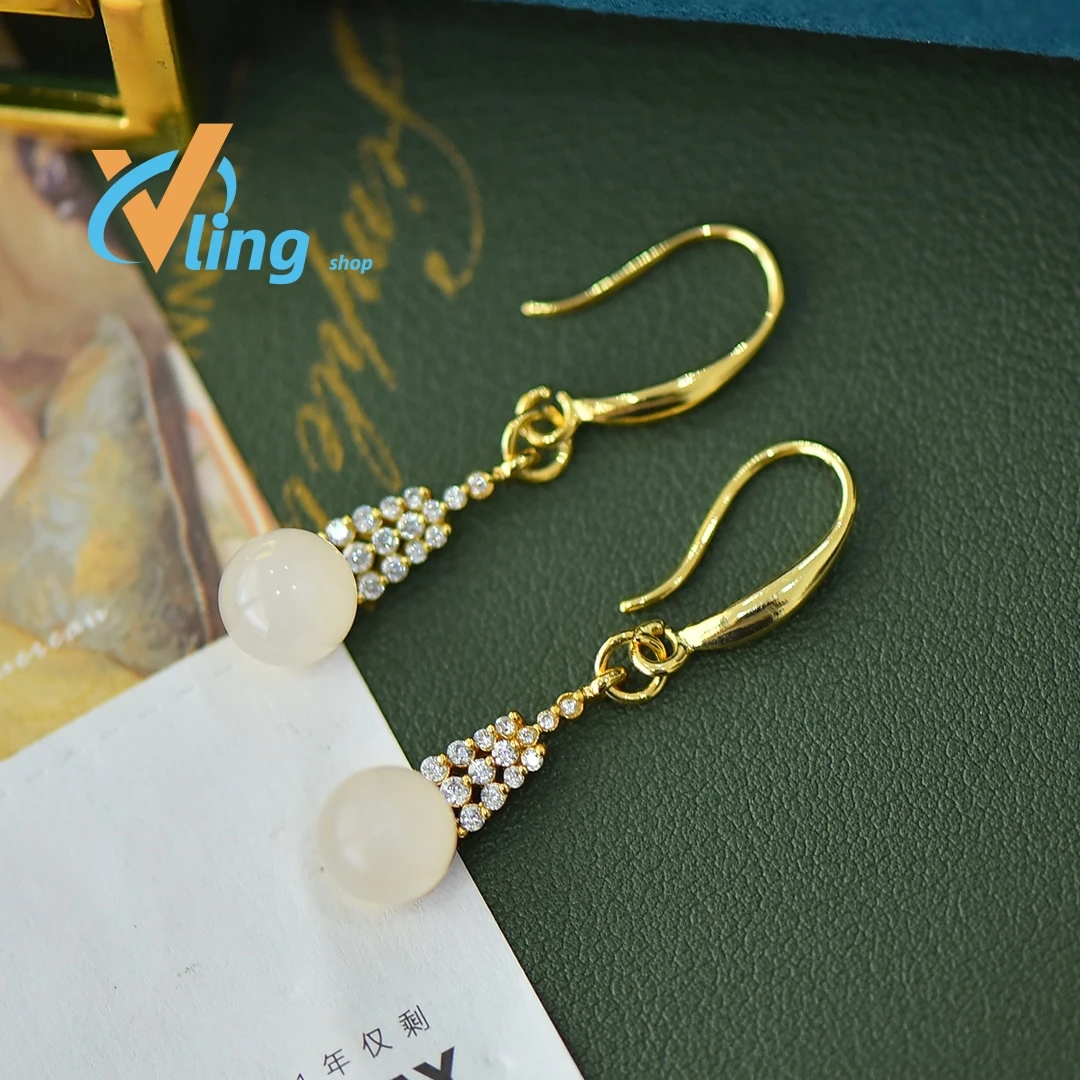 Медные инкрустированные серьги Hotan Jade White Beads изысканные Earhook индивидуальный