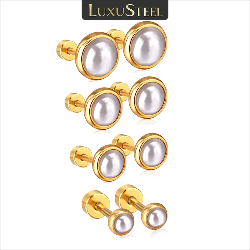 LUXUSTEEL Trendy 4/6/8/10MM Imitation Pearl Earrings For Women Girls Stainless Steel Ear Studs Geometric Wedding Jewelry Gifts