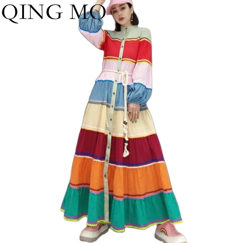 

QING MO 2023 Spring Autumn New Fashion Dress Cotton Linen Rainbow Cake Skirt Striped Contrast Color Long Dress ZWL716