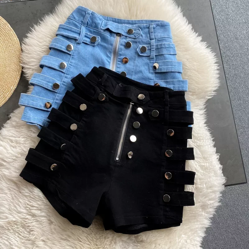 

2022 New summer denim shorts women's high waist slimming Casual shorts side metal breasted motorcycle wide-leg hot denim Sho