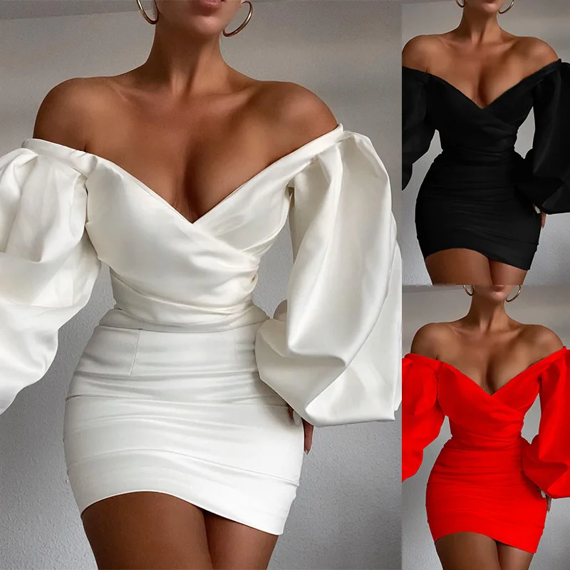 New Fashion Solid Color Sexy Open Shoulder Bag Hip V-Neck Lantern Sleeve Wrap Hip Dress Women's Mini Nightclub Summer Dresses