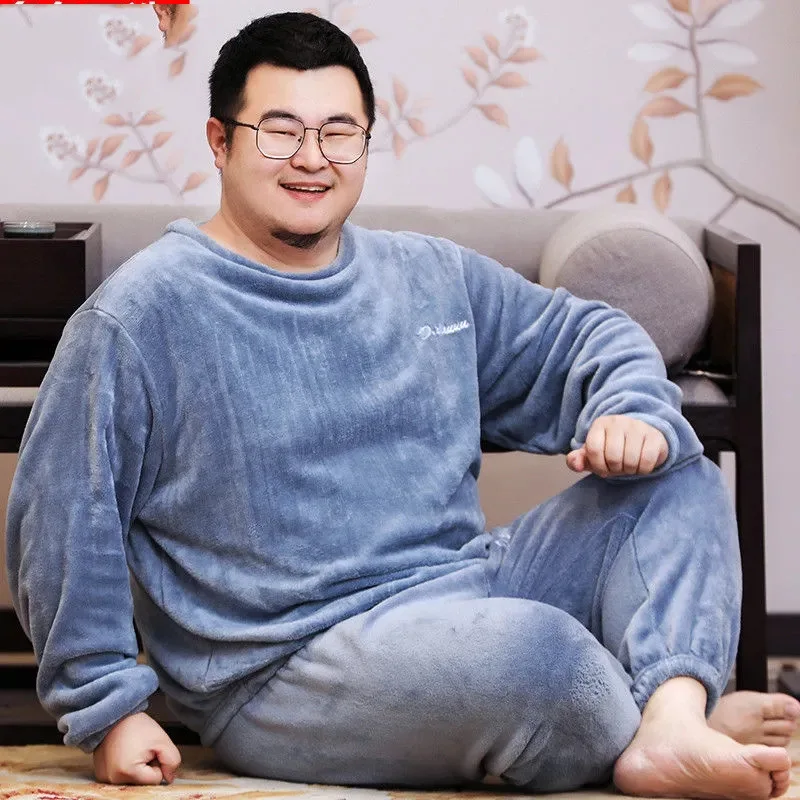 Plus Size 130KG Men's Flannel Pajamas Sets Grey Blue Crimson Home Clothes For male Plus Size Leisure Nightgown Sleepwear Suit
