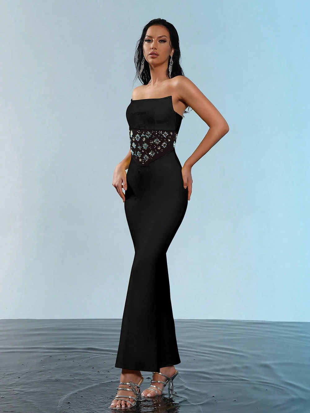 Modphy 2024 бандажное платье женское сетчатое с бриллиантами в стиле пэчворк без