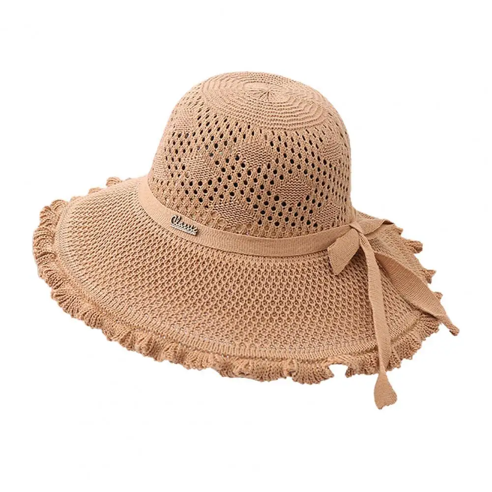 

Summer Hat Hollowed-out Sun Protection Ruffled Edge Large Brim Sweet Bow Lady Sun Cap for Dating