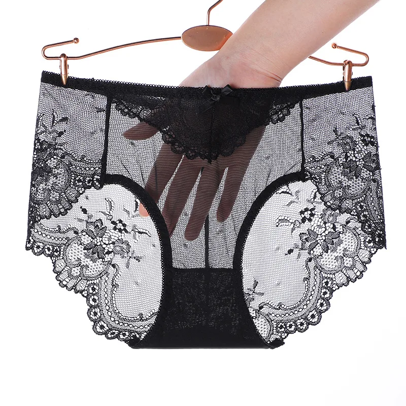 

Sexy Lace Panties High Elastic Mesh Breathable Hollow Transparent Seamless Underwear Low Waist Cotton Crotch Women Briefs A31
