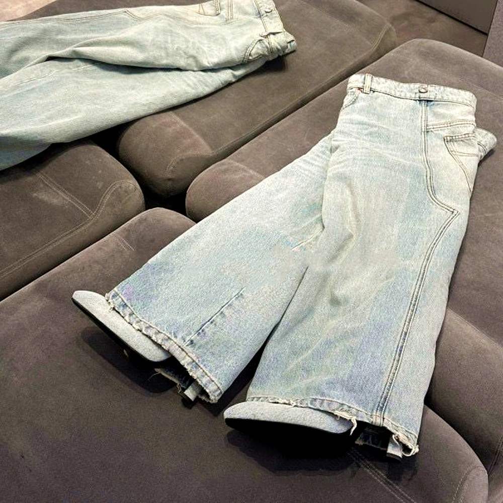 New Women Blue Washed Jeans Retro Style Knee High Boots Square-Toe Fashion Spice Girl Loose Straight Casual Pants High Shoes