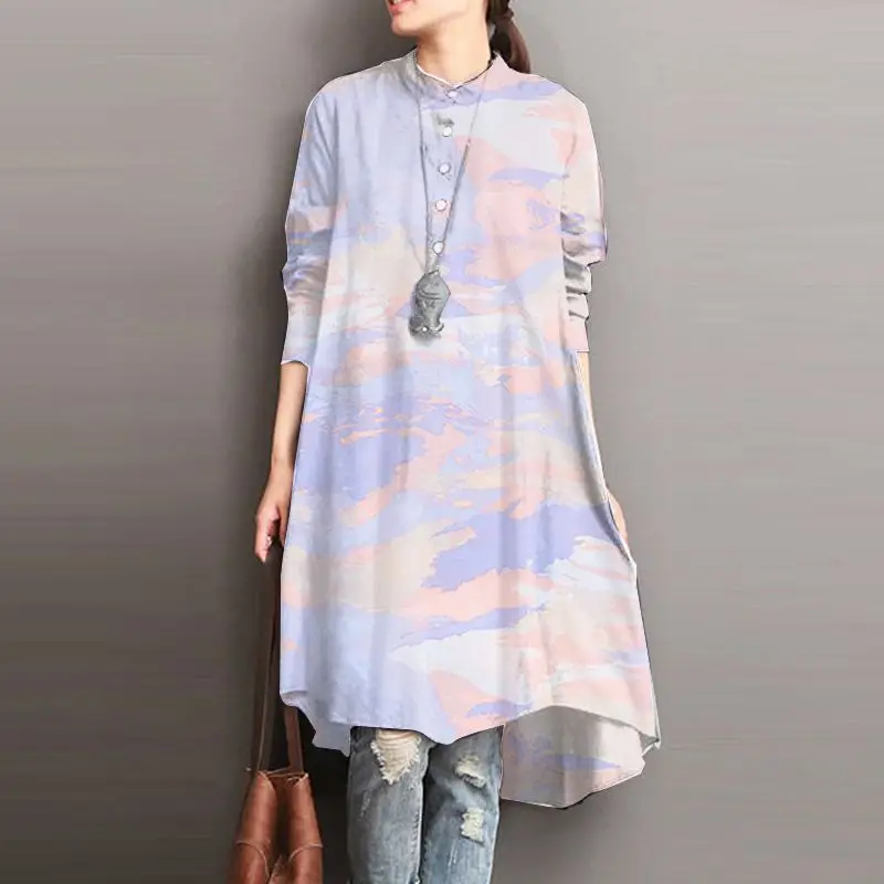 

Women Casual Long Sleeve O Neck Shirt 2022 Oversized Print Blouse ZANZEA Elegant Colorful Maxi Chemise Vocation Baggy Top Female