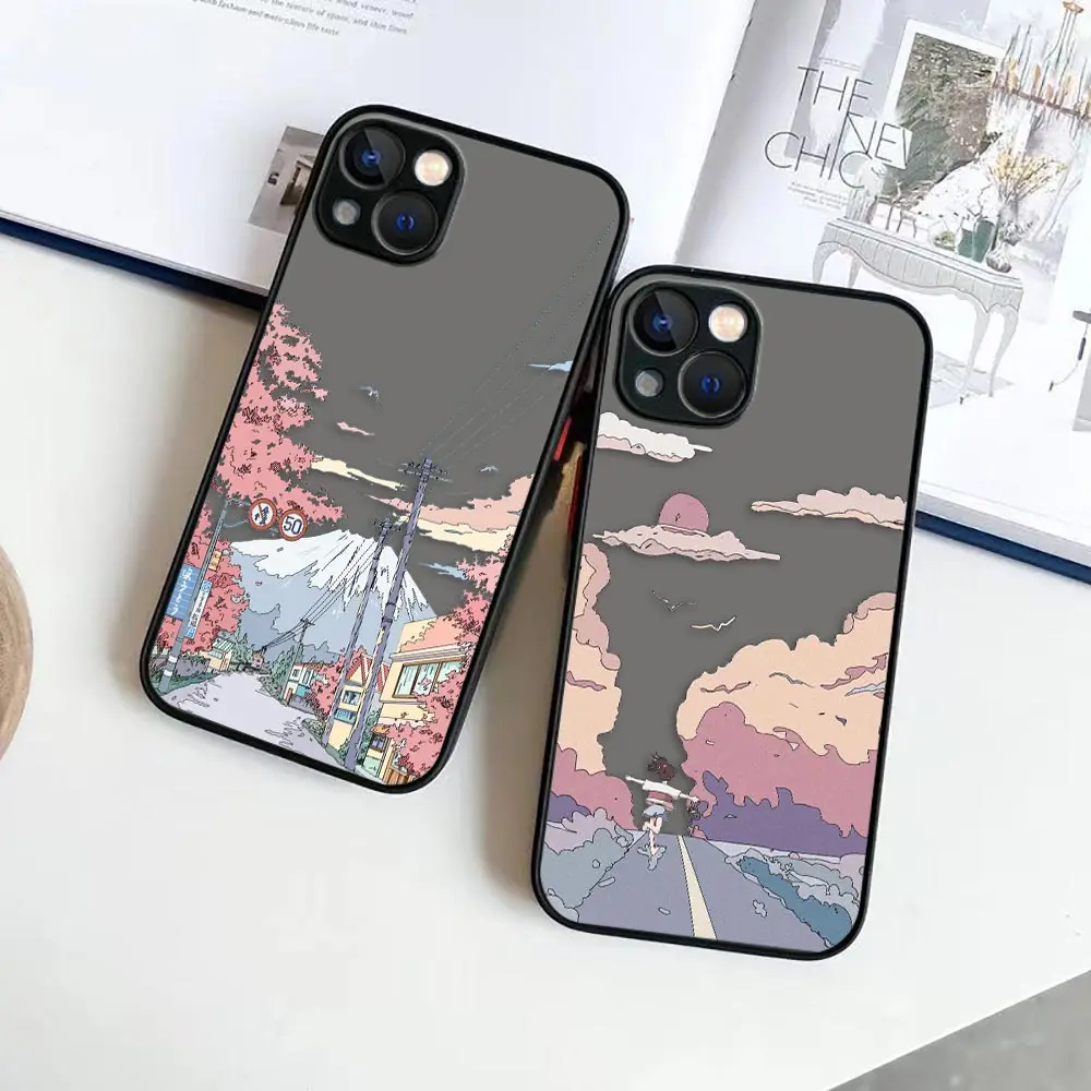 Japan Anime Hand Painted House Scenery Matte Case for iPhone Apple 14 13 11 12 MINI Pro XS Max XR X 7 8 SE 6 6S Plus Case Shell