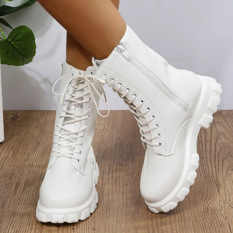 2022 NEW Women Motorcycle Boots Wedges Flat Shoes Woman High Heel Platform PU Leather Boots Lace Up Shoes Black Boots Girls