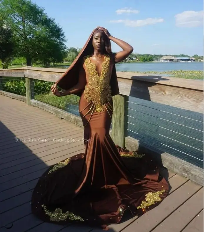 Роскошное платье-Русалка со стразами для выпускного вечера коричневое платье с